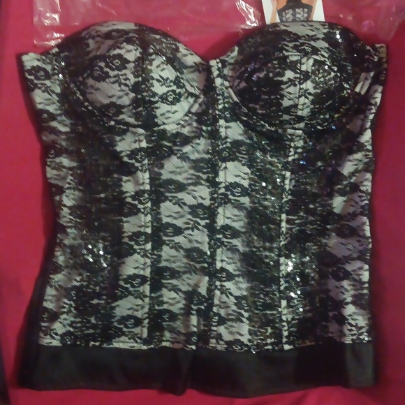 Shirley Of Hollywood Stretchy White Satin W/Black Lace & Sequins Corset (L) - Picture 8 of 11